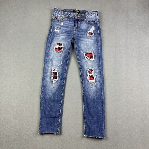 Judy Blue Jeans Womens 3 26 Red Plaid Patch Skinny Fit Everyday Stretch Cropped* - Picture 1 of 16